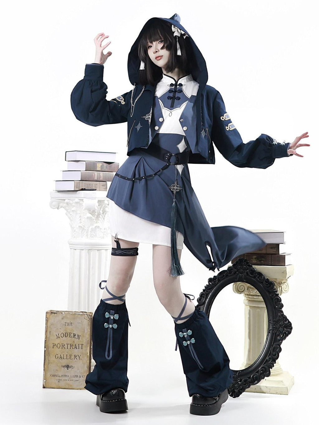 Letter from Unknown Stars Indigo Lolita Punk Round Neck Dress Jacket Leg Garters Women's Op Sets