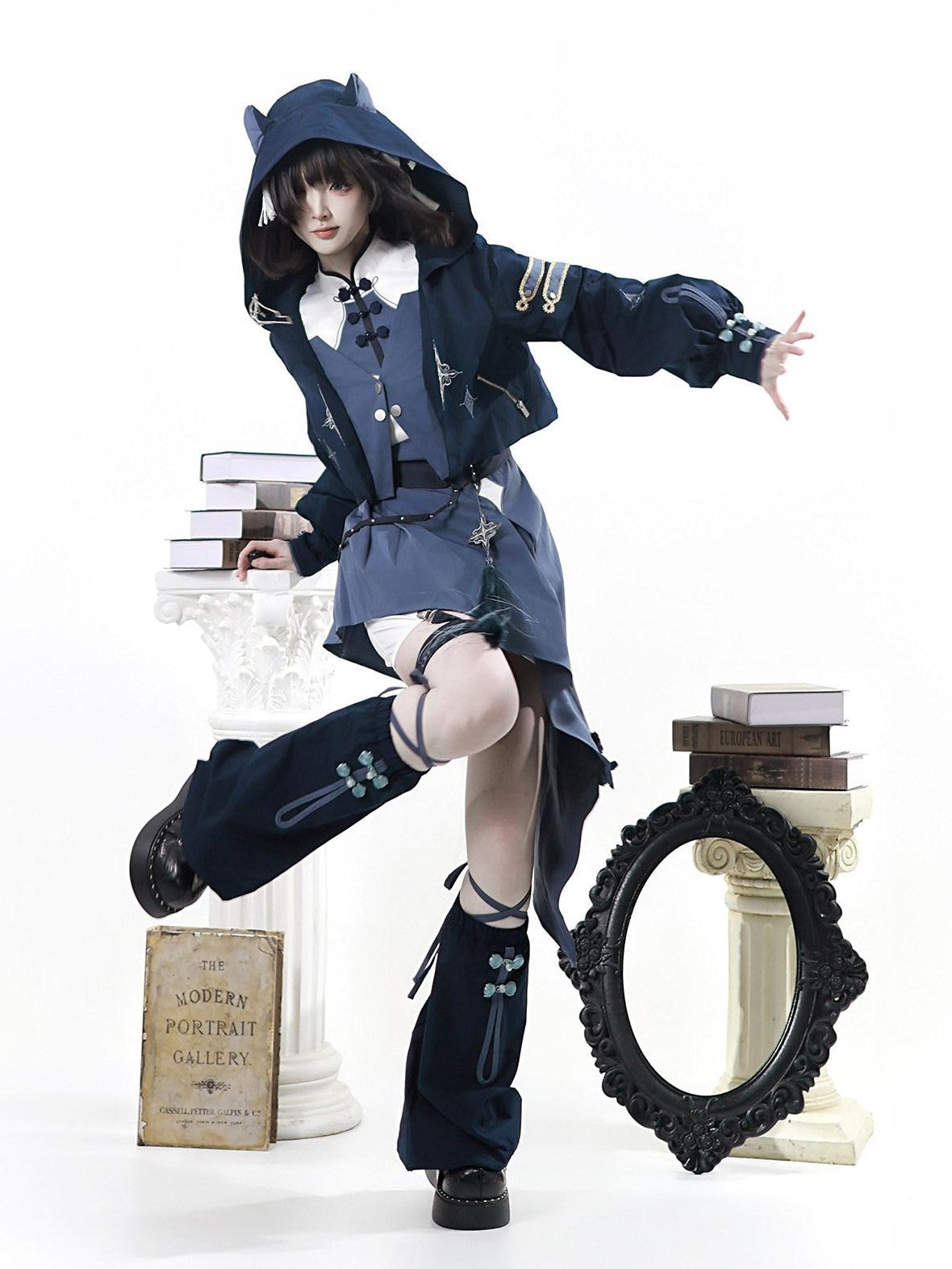 Letter from Unknown Stars Indigo Lolita Punk Round Neck Dress Jacket Leg Garters Women's Op Sets