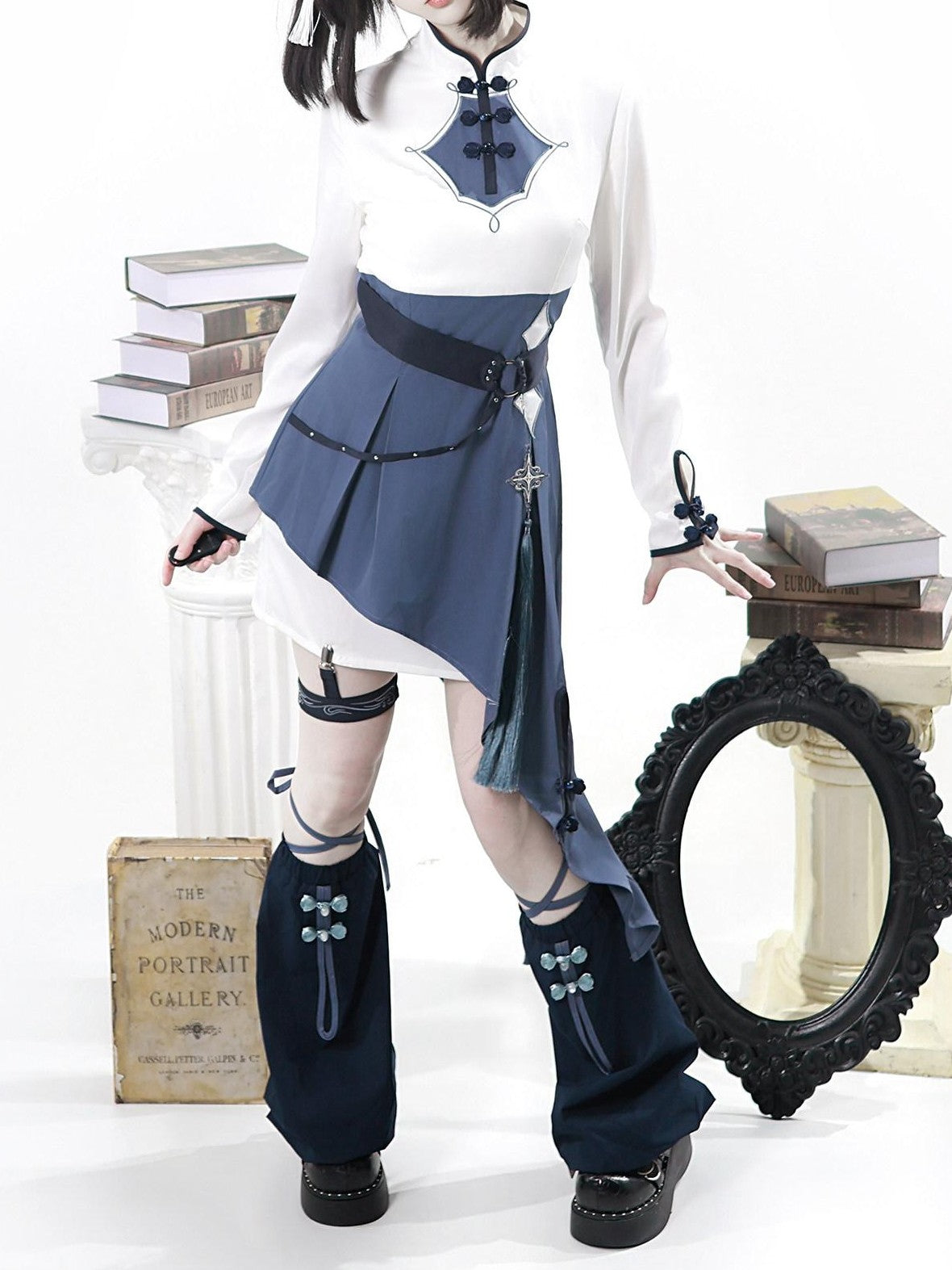 Letter from Unknown Stars Indigo Lolita Punk Round Neck Dress Jacket Leg Garters Women's Op Sets