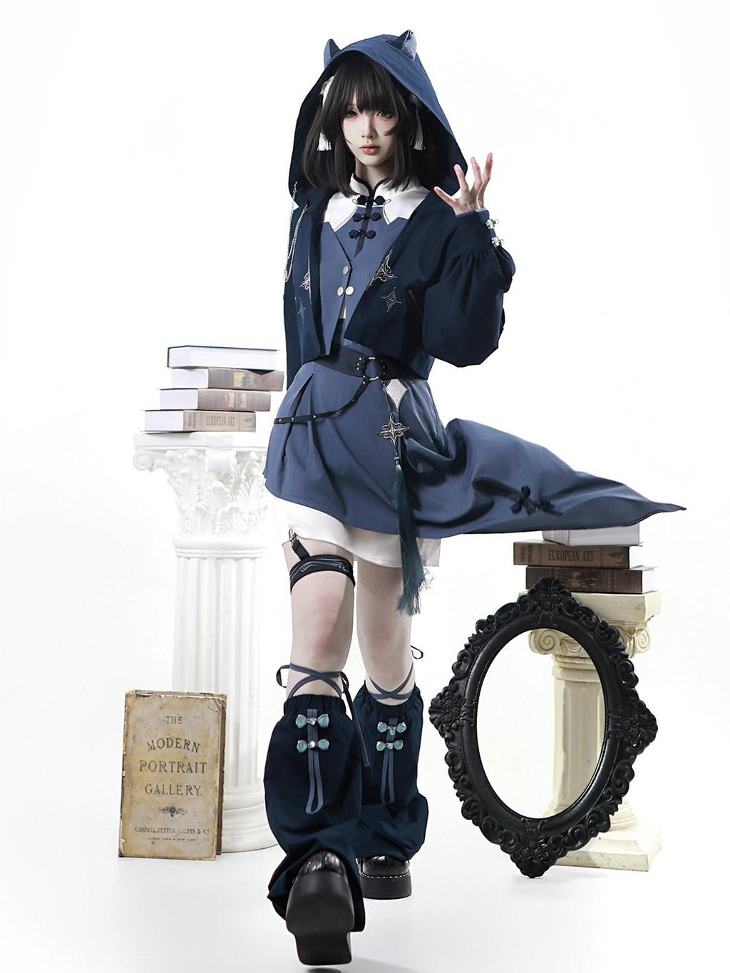 Letter from Unknown Stars Indigo Lolita Punk Round Neck Dress Jacket Leg Garters Women's Op Sets