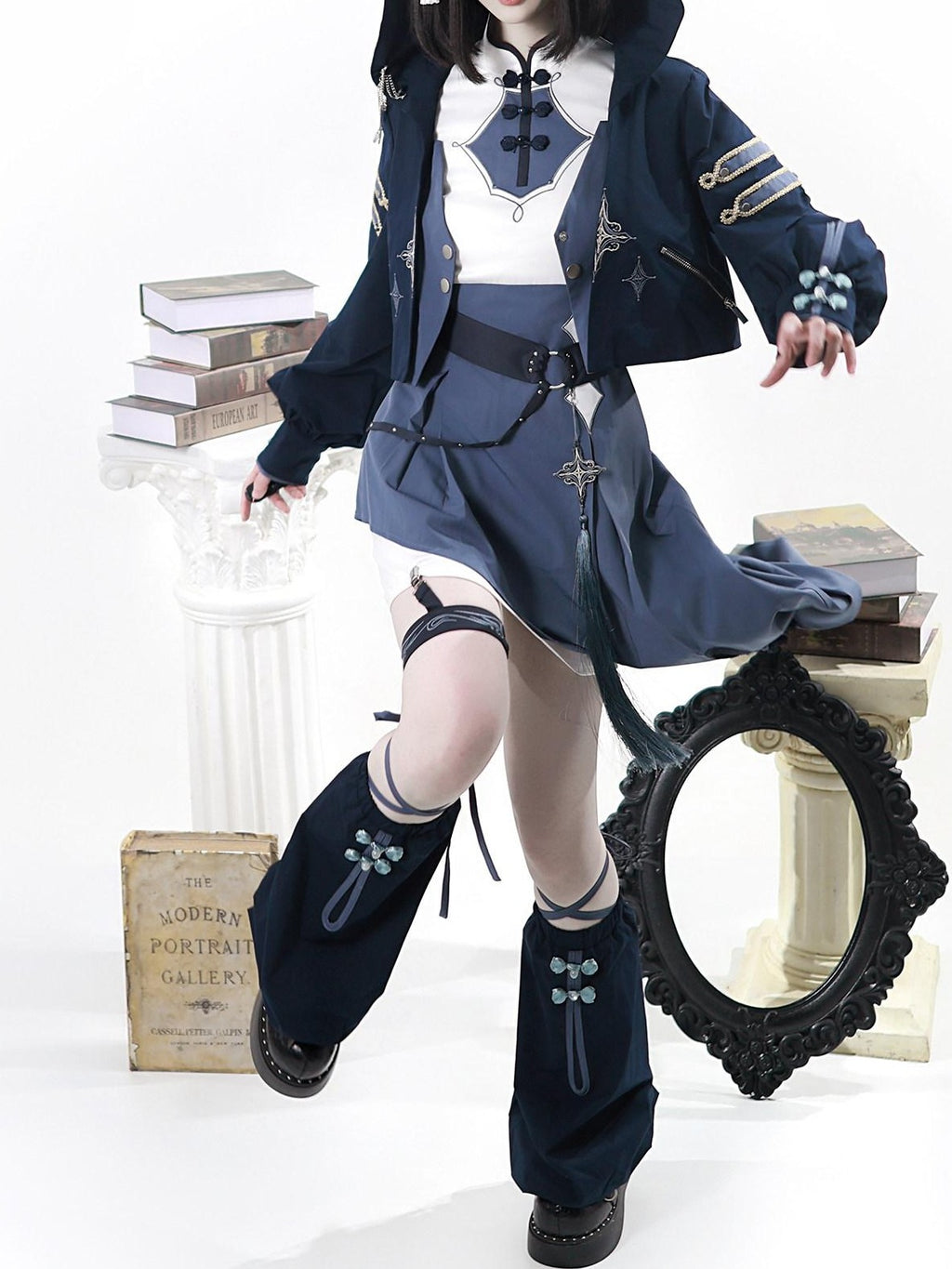 Letter from Unknown Stars Indigo Lolita Punk Round Neck Dress Jacket Leg Garters Women's Op Sets