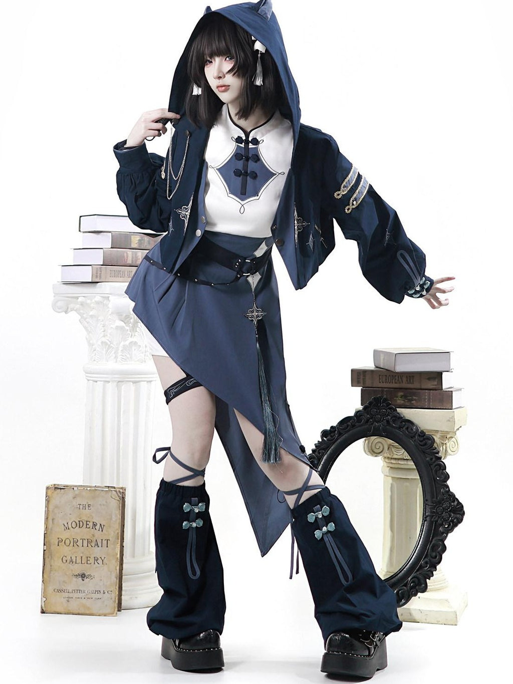 Letter from Unknown Stars Indigo Lolita Punk Round Neck Dress Jacket Leg Garters Women's Op Sets