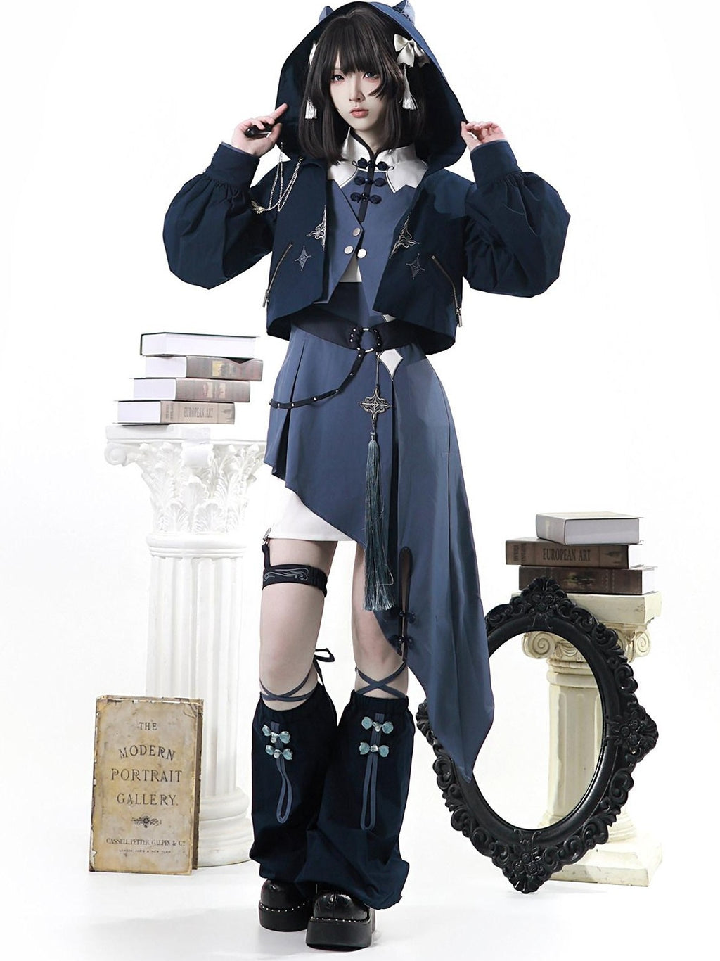 Letter from Unknown Stars Indigo Lolita Punk Round Neck Dress Jacket Leg Garters Women's Op Sets