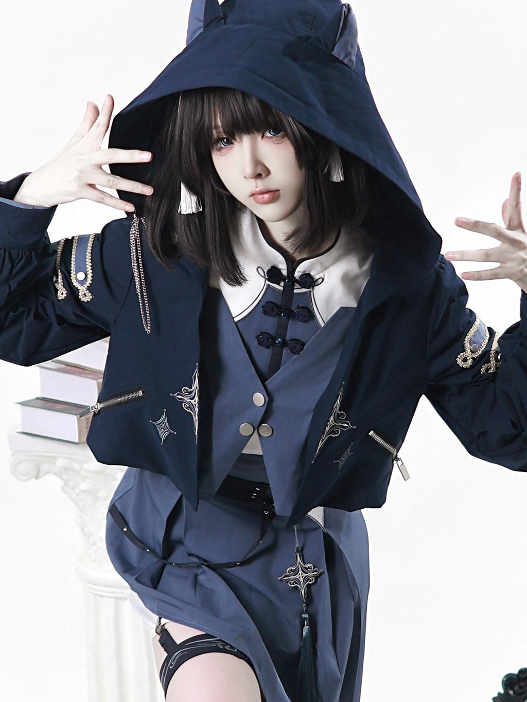 Letter from Unknown Stars Indigo Lolita Punk Round Neck Dress Jacket Leg Garters Women's Op Sets