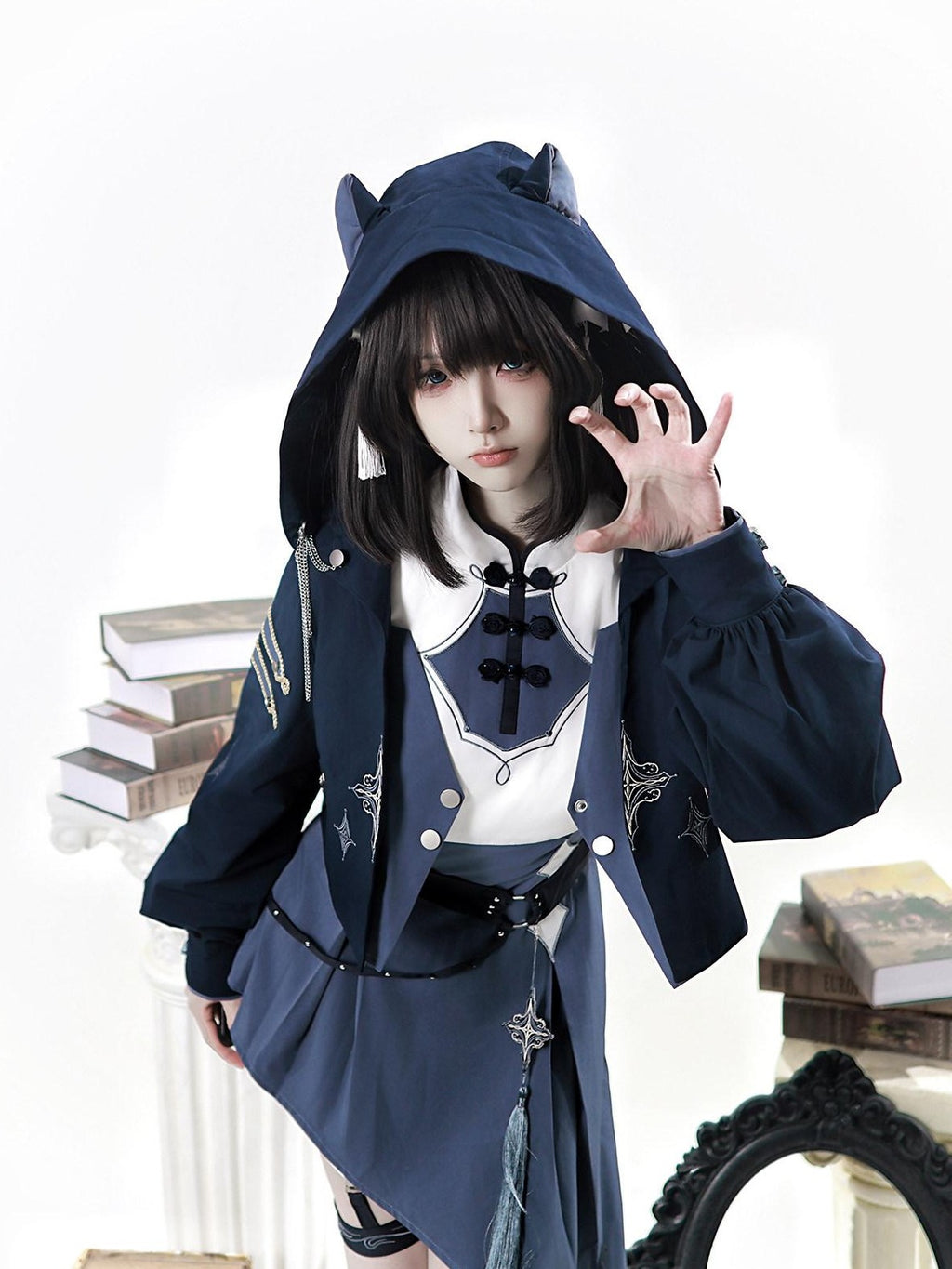 Letter from Unknown Stars Indigo Lolita Punk Round Neck Dress Jacket Leg Garters Women's Op Sets