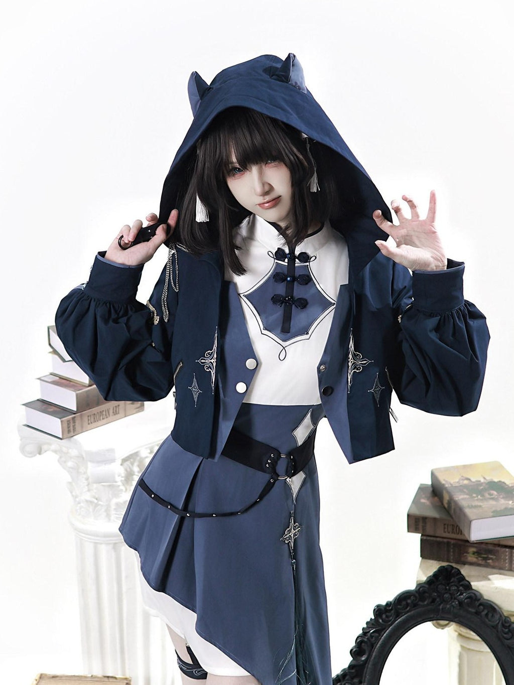 Letter from Unknown Stars Indigo Lolita Punk Round Neck Dress Jacket Leg Garters Women's Op Sets