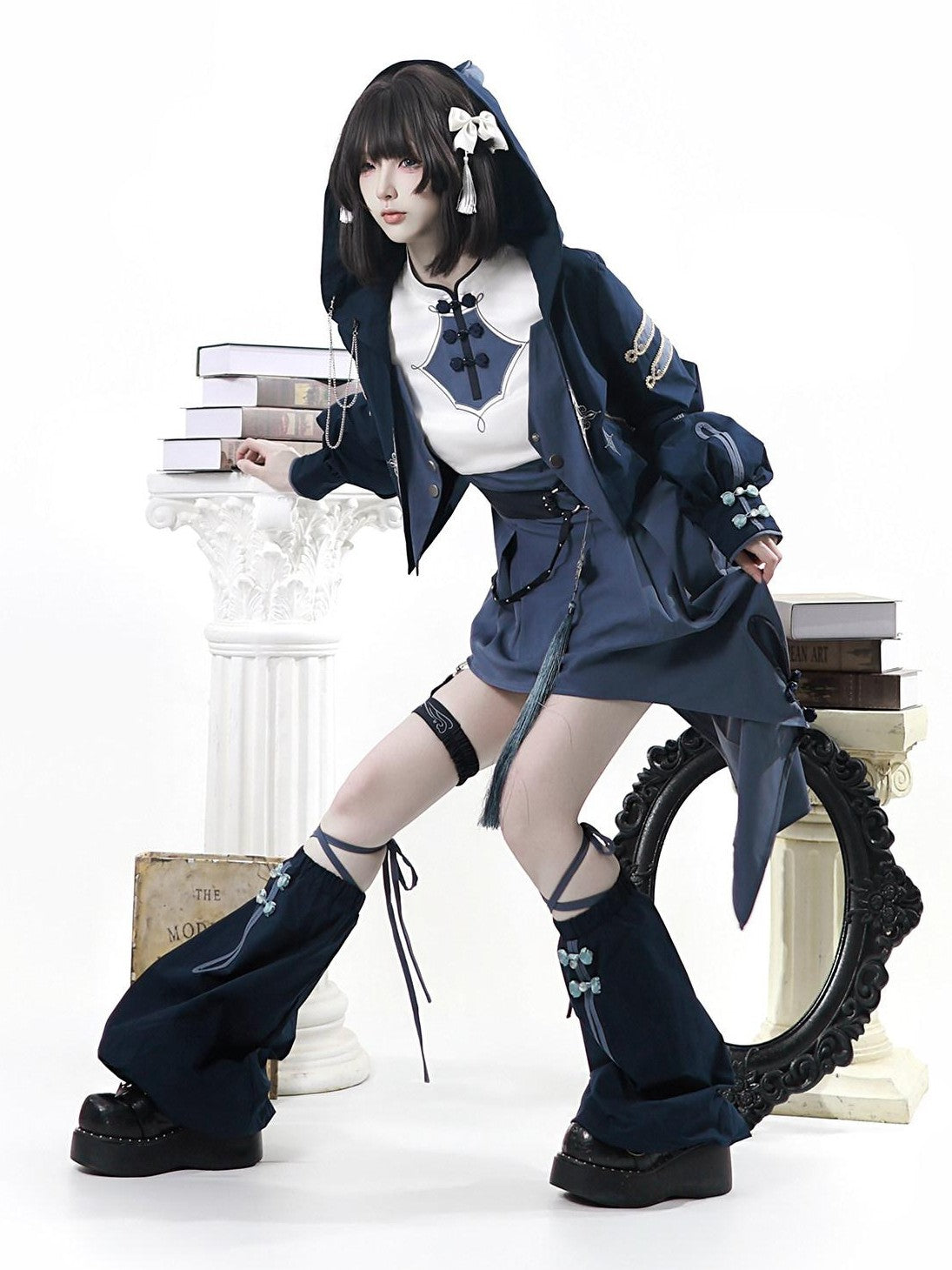 Letter from Unknown Stars Indigo Lolita Punk Round Neck Dress Jacket Leg Garters Women's Op Sets