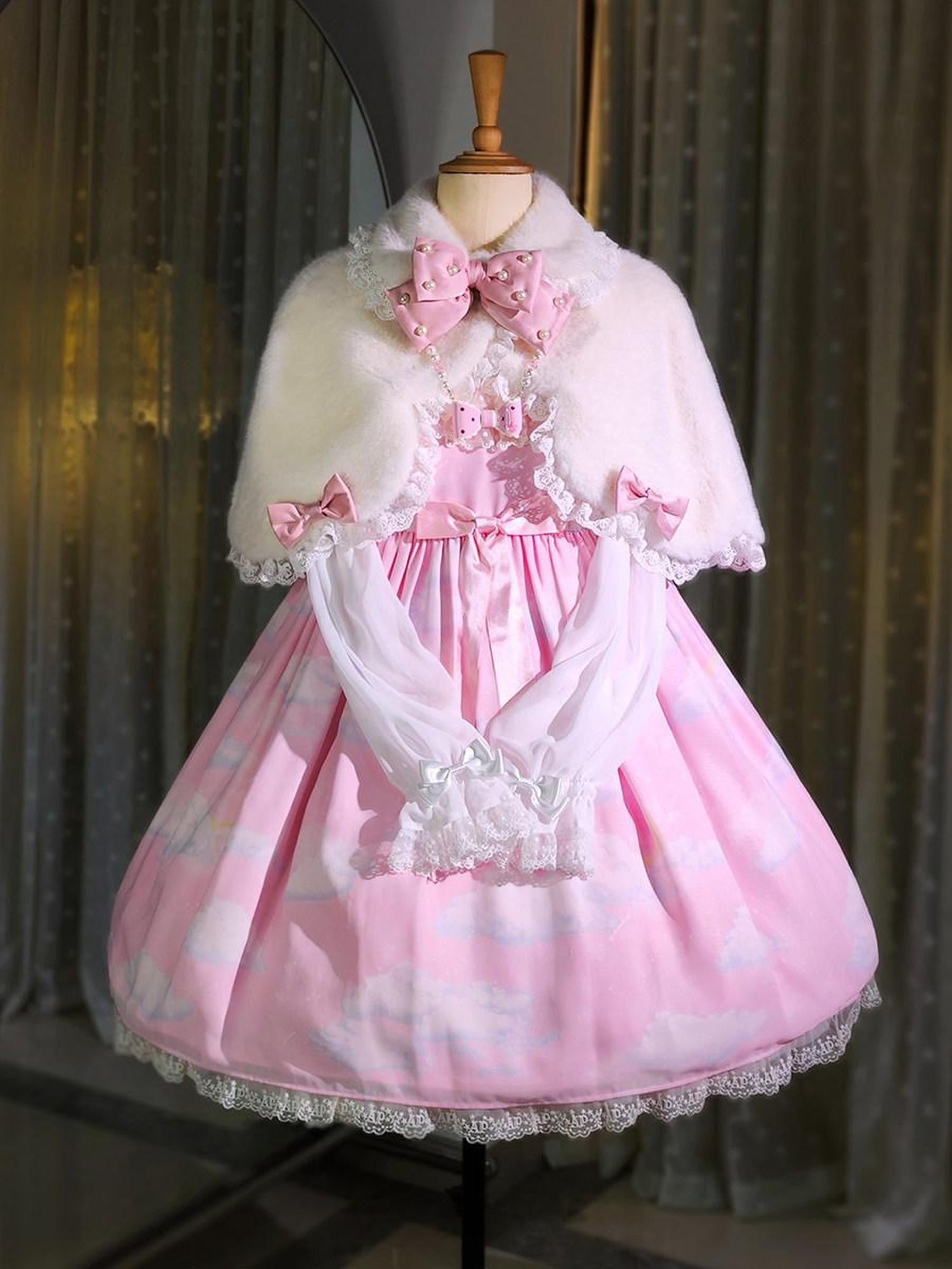 Letter from Unknown Stars Pastel Pink White Lolita Princess Ribbon Bow Women's Capelets
