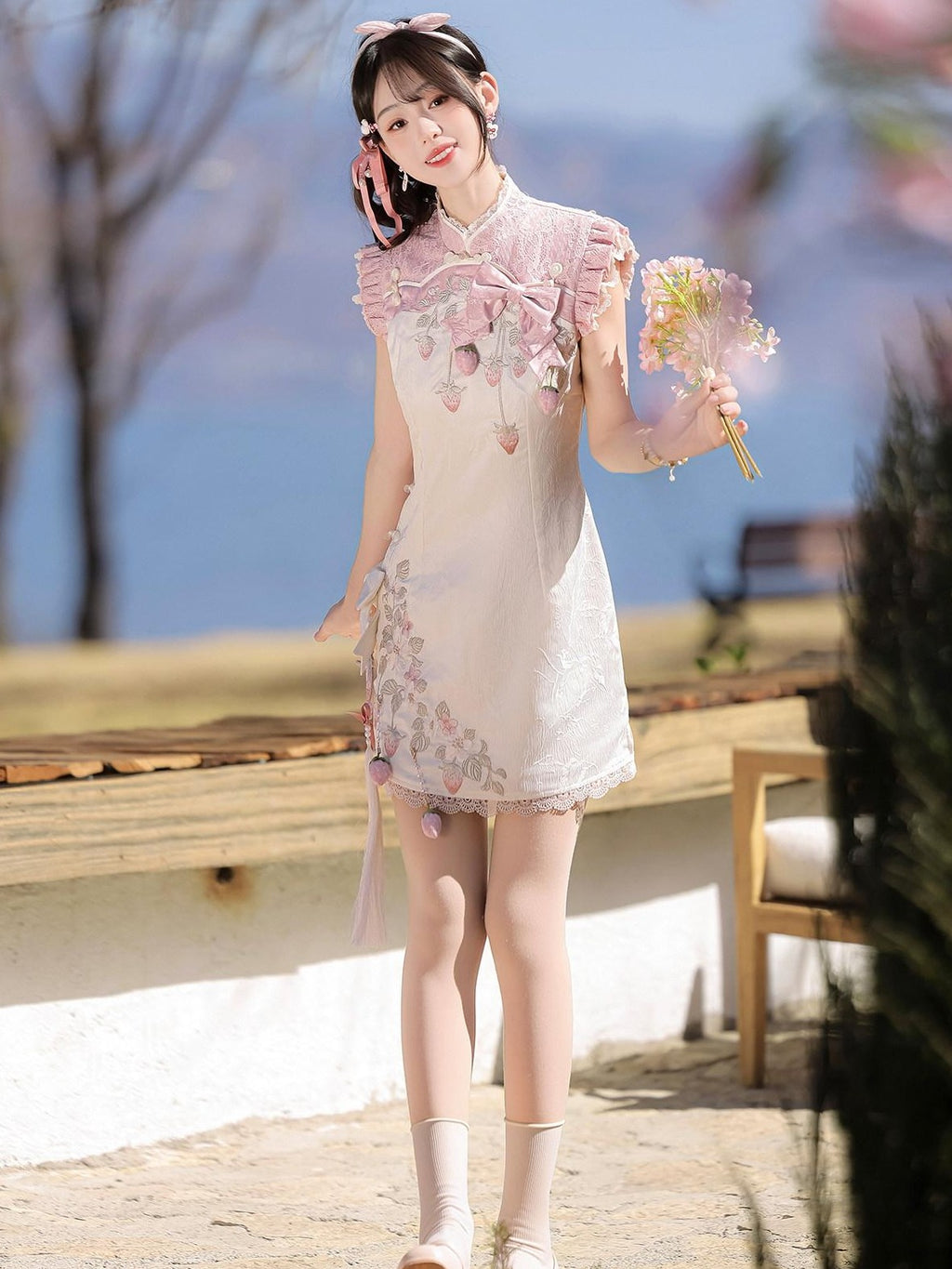 Letter from Unknown Stars Strawberry Print Lolita Modified Qipao Stand Collar Women's Short Sleeve Op