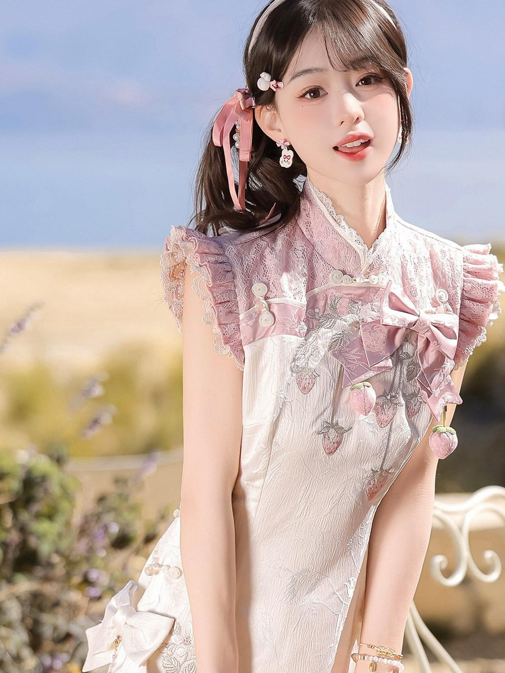 Letter from Unknown Stars Strawberry Print Lolita Modified Qipao Stand Collar Women's Short Sleeve Op