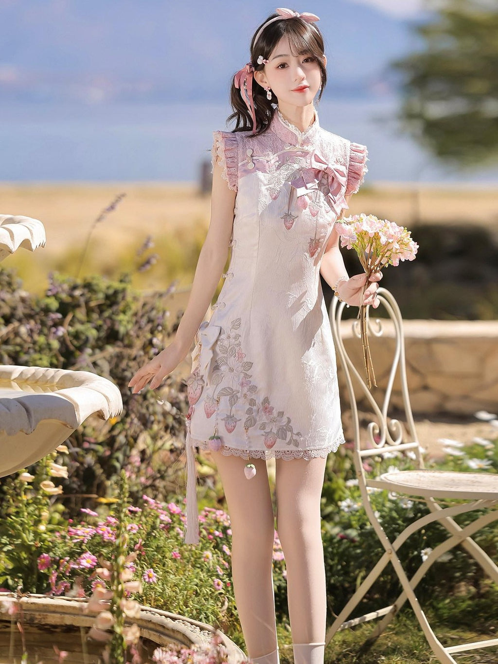 Letter from Unknown Stars Strawberry Print Lolita Modified Qipao Stand Collar Women's Short Sleeve Op