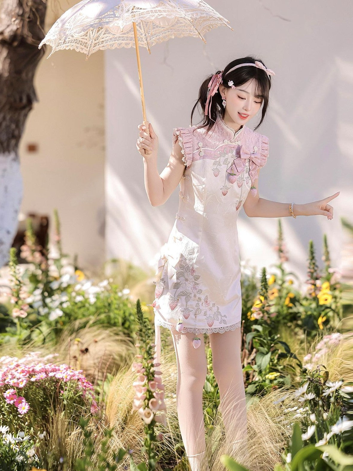 Letter from Unknown Stars Strawberry Print Lolita Modified Qipao Stand Collar Women's Short Sleeve Op