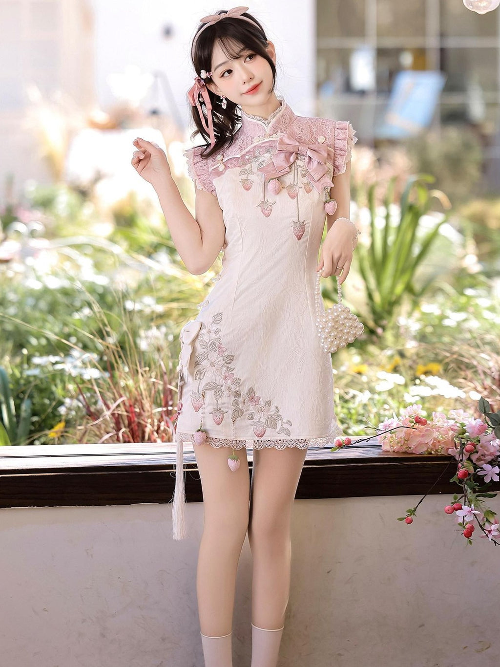 Letter from Unknown Stars Strawberry Print Lolita Modified Qipao Stand Collar Women's Short Sleeve Op
