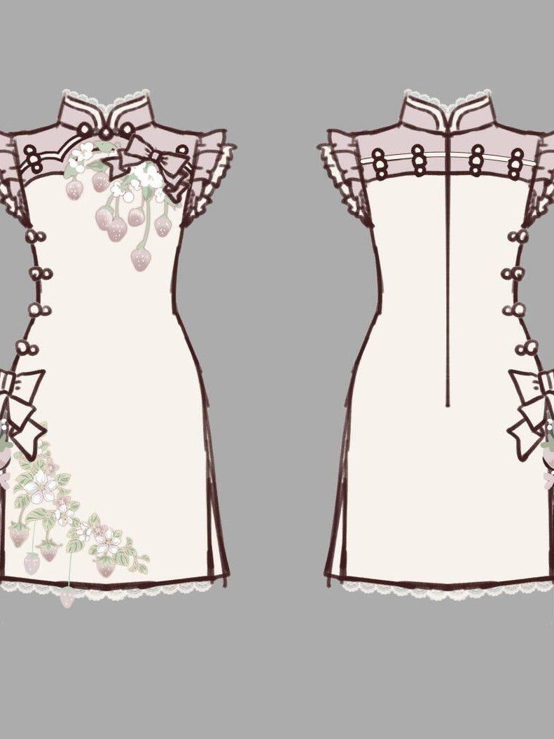 Letter from Unknown Stars Strawberry Print Lolita Modified Qipao Stand Collar Women's Short Sleeve Op