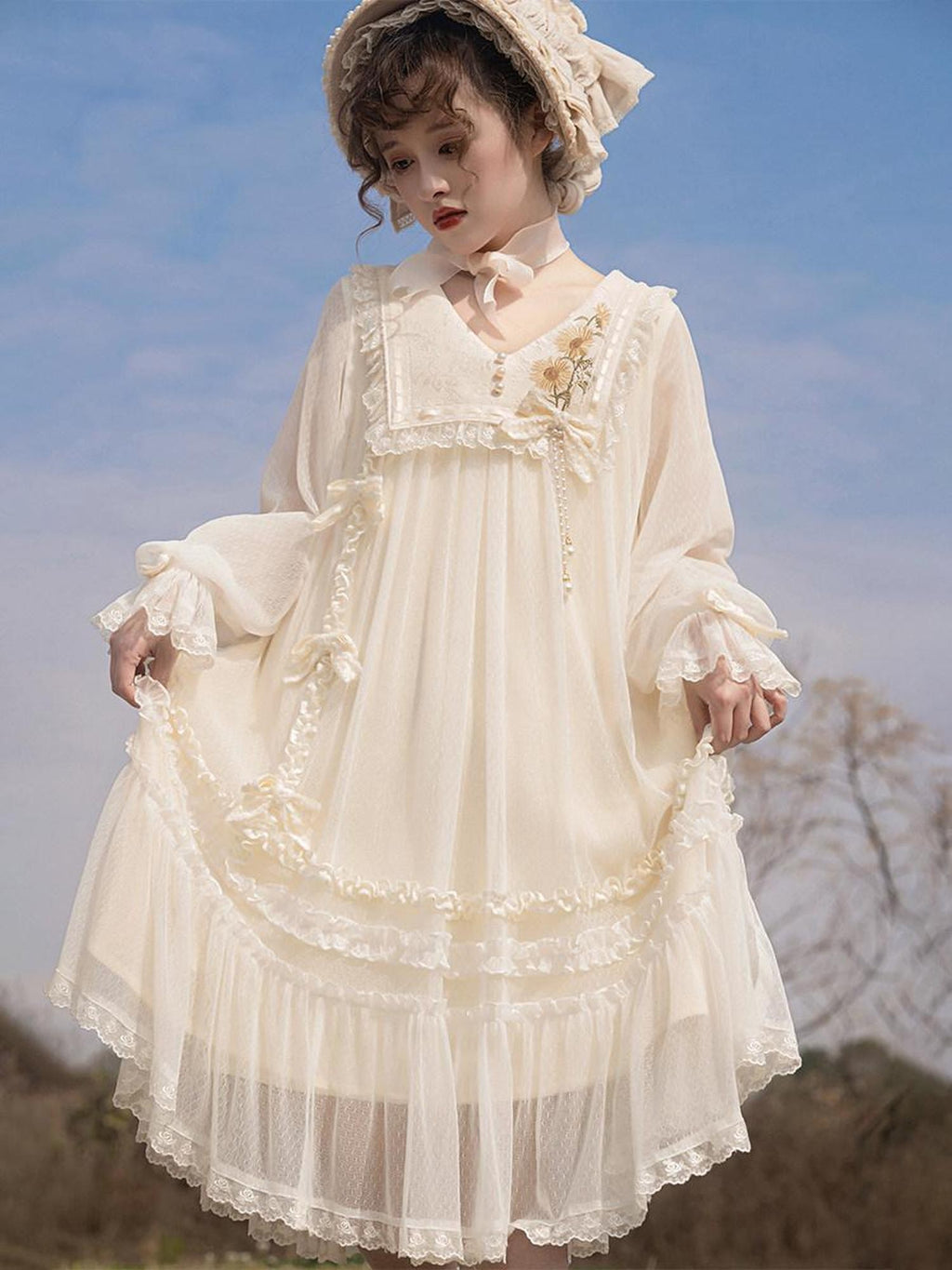 Letter from Unknown Stars Sunflower Lace Lolita Princess A Line Women's Chiffon Long Sleeve Op
