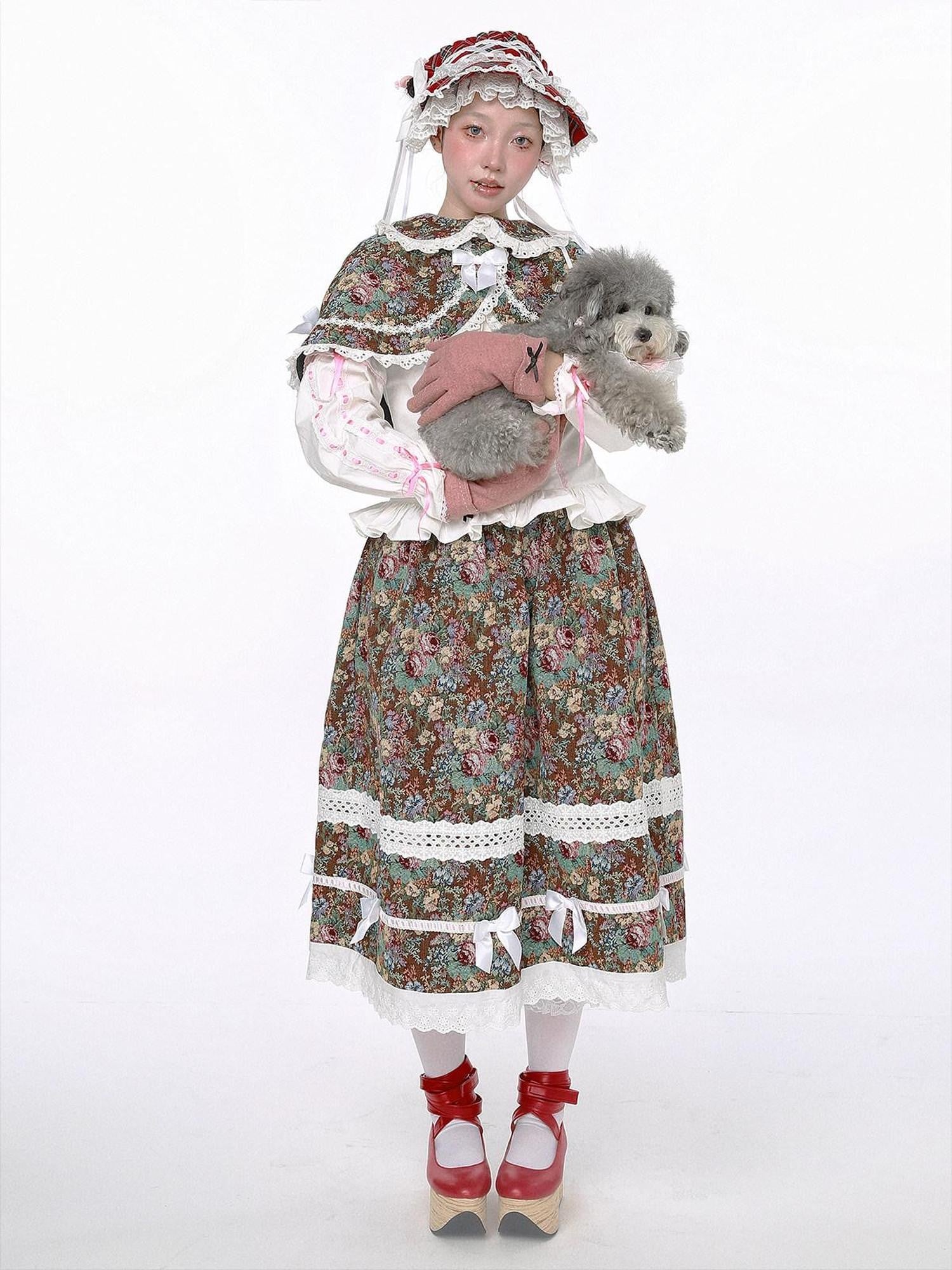 SOS MEME CLUB Lolita Retro Patchwork Cutout A Line Mid Waist Women's Polyester Skirts
