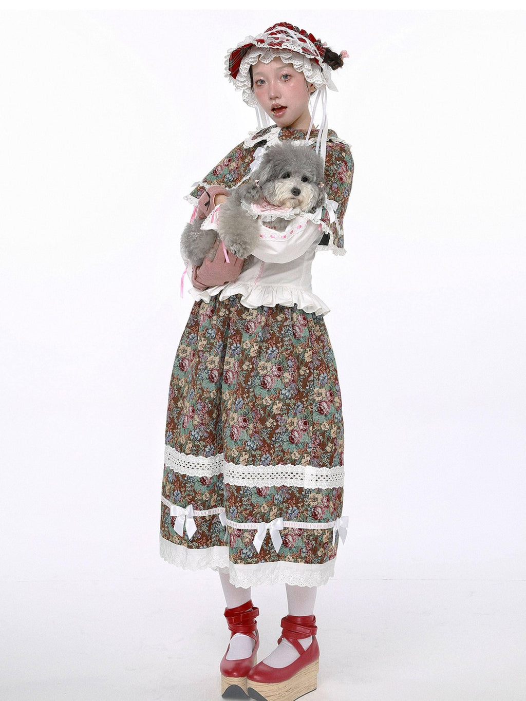 SOS MEME CLUB Lolita Retro Patchwork Cutout A Line Mid Waist Women's Polyester Skirts