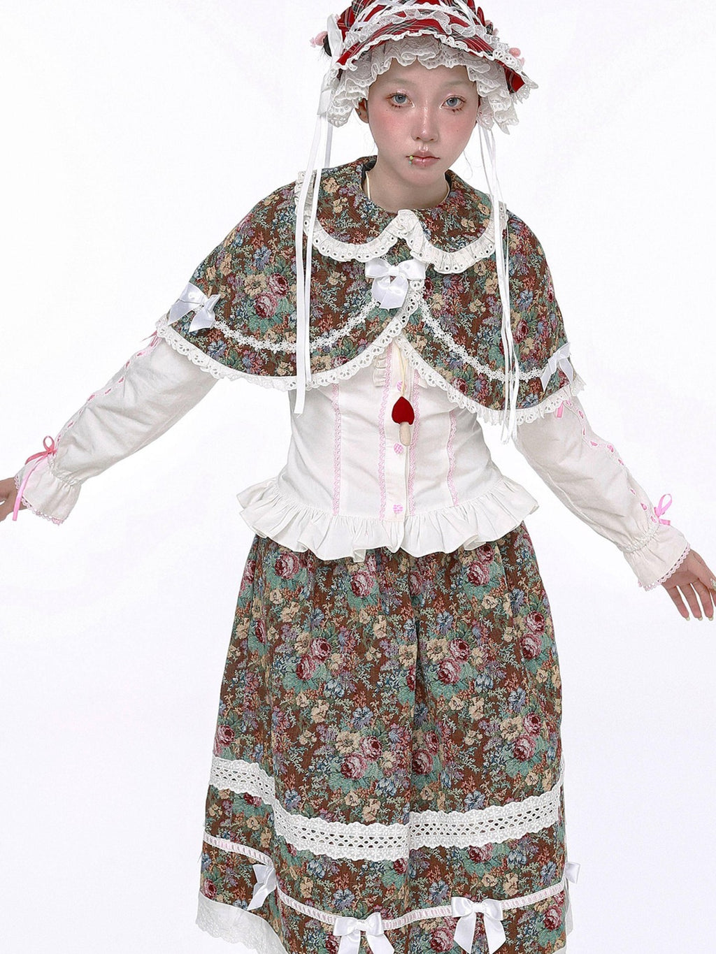SOS MEME CLUB Lolita Retro Patchwork Cutout A Line Mid Waist Women's Polyester Skirts