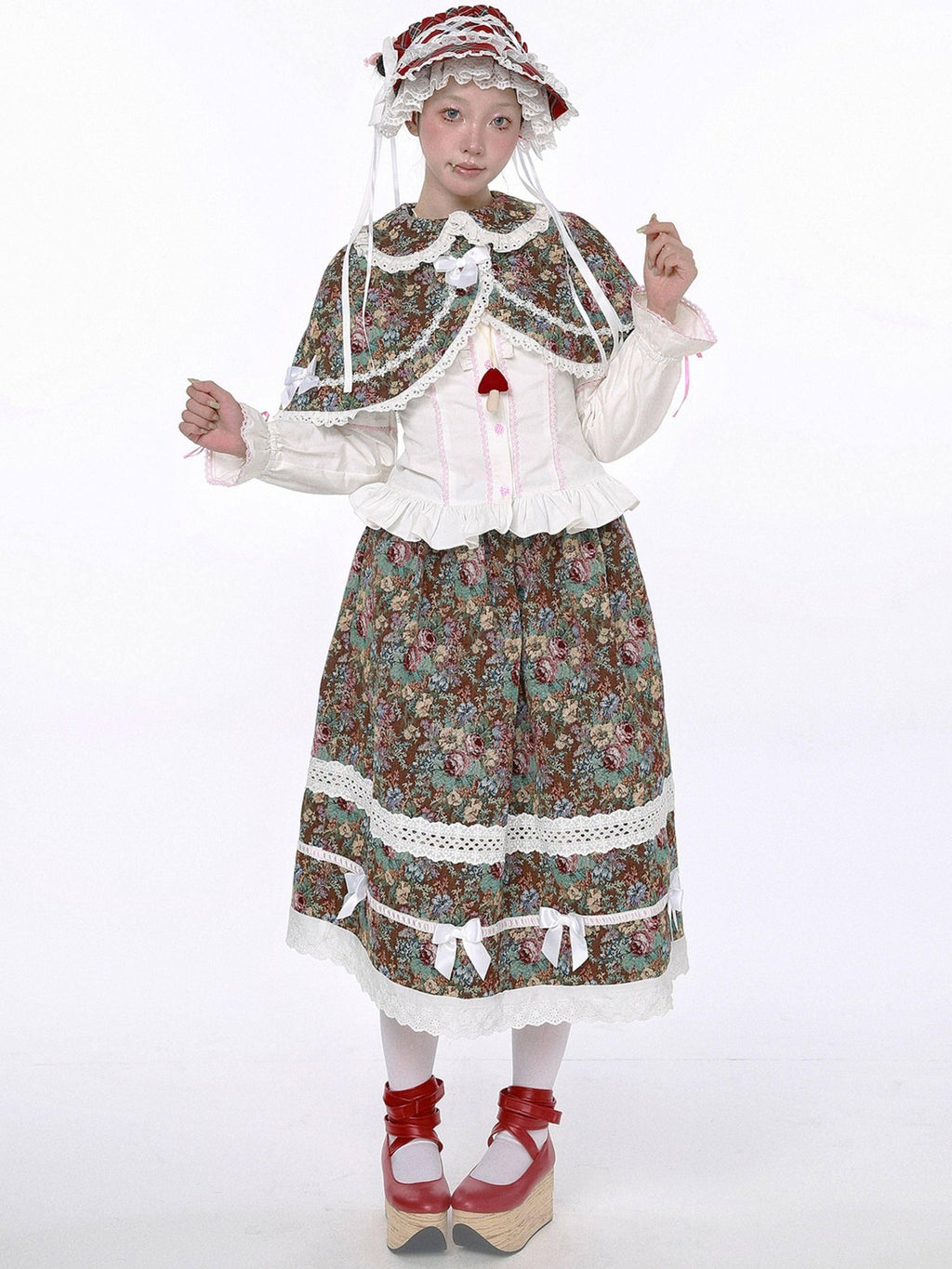 SOS MEME CLUB Lolita Retro Patchwork Cutout A Line Mid Waist Women's Polyester Skirts