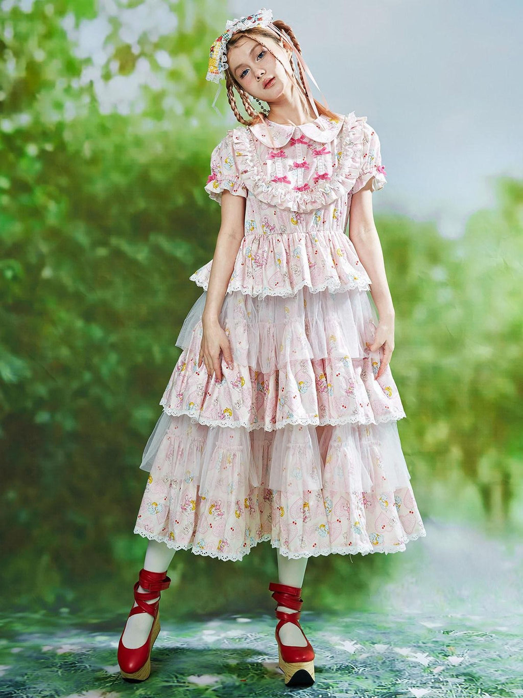 SOS MEME CLUB Pink Doll Collar Puff Sleeves Tiered Skirt Women's Short Sleeve Op