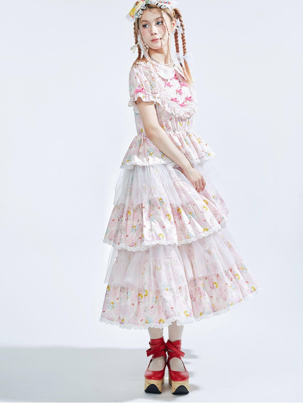SOS MEME CLUB Pink Doll Collar Puff Sleeves Tiered Skirt Women's Short Sleeve Op