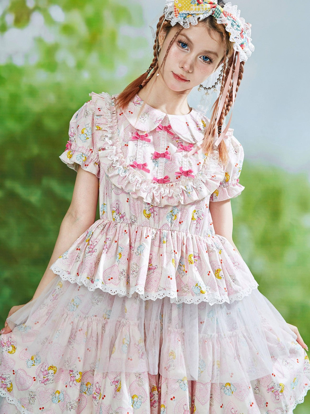 SOS MEME CLUB Pink Doll Collar Puff Sleeves Tiered Skirt Women's Short Sleeve Op