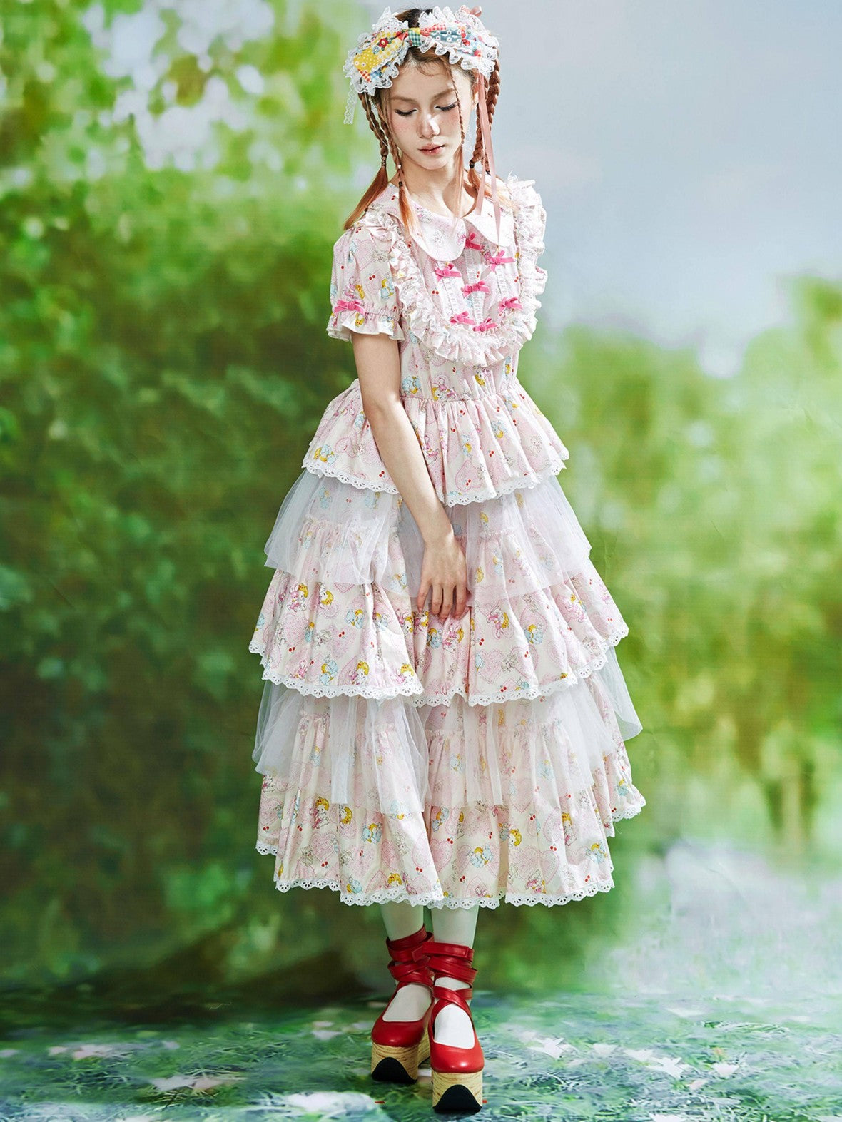 SOS MEME CLUB Pink Doll Collar Puff Sleeves Tiered Skirt Women's Short Sleeve Op