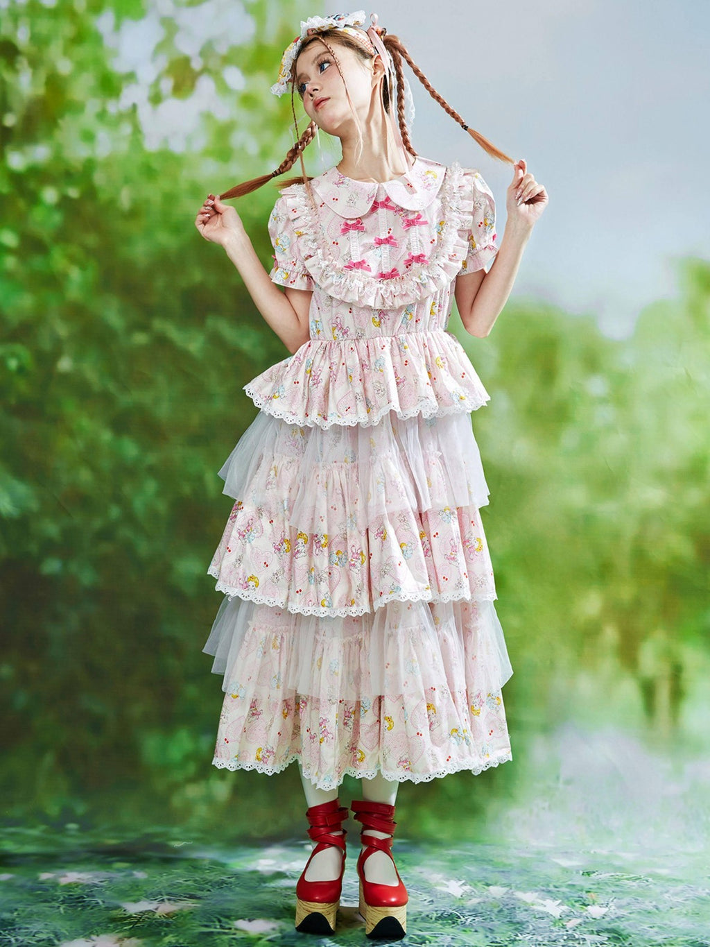 SOS MEME CLUB Pink Doll Collar Puff Sleeves Tiered Skirt Women's Short Sleeve Op