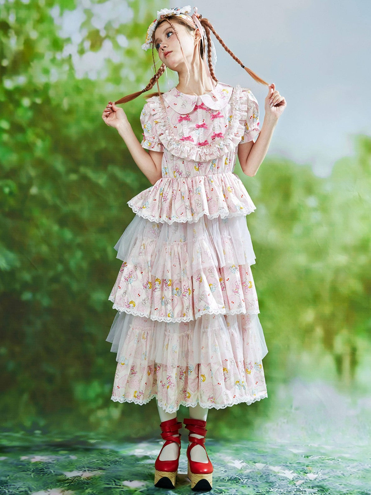 SOS MEME CLUB Pink Doll Collar Puff Sleeves Tiered Skirt Women's Short Sleeve Op