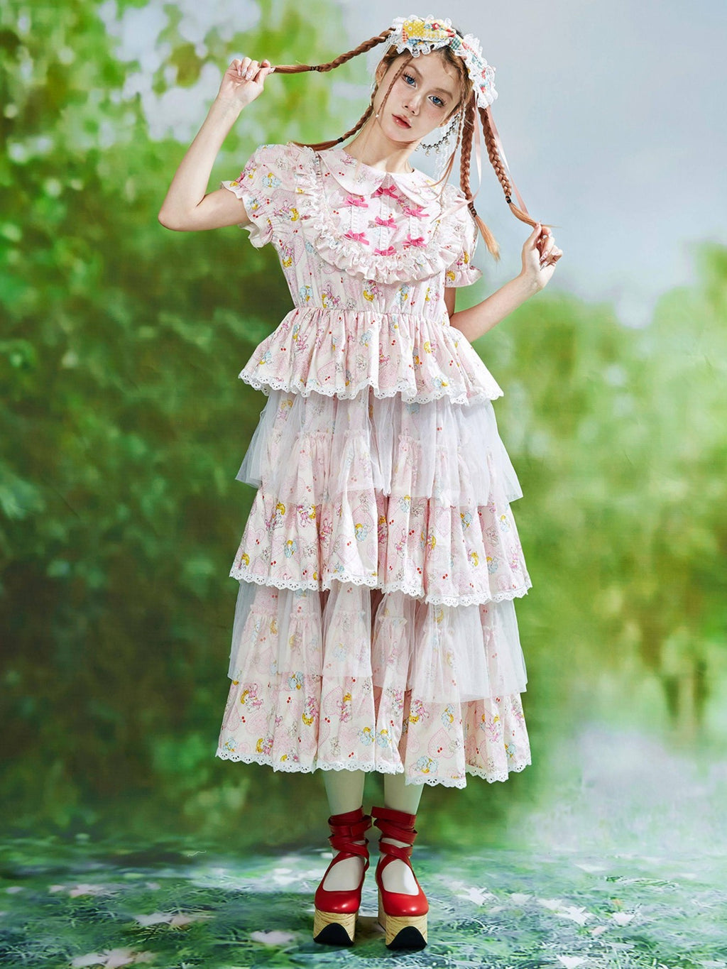 SOS MEME CLUB Pink Doll Collar Puff Sleeves Tiered Skirt Women's Short Sleeve Op