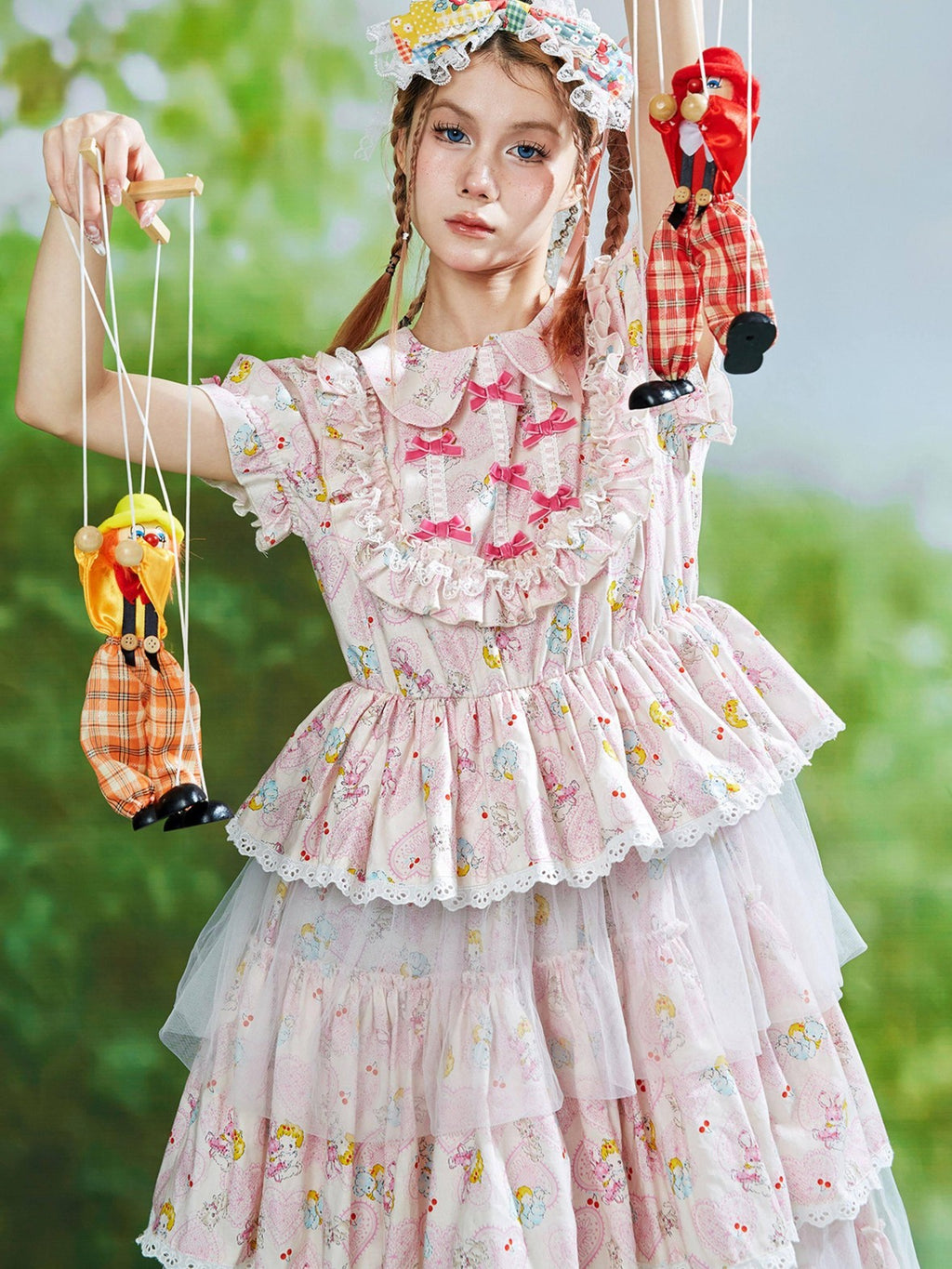 SOS MEME CLUB Pink Doll Collar Puff Sleeves Tiered Skirt Women's Short Sleeve Op