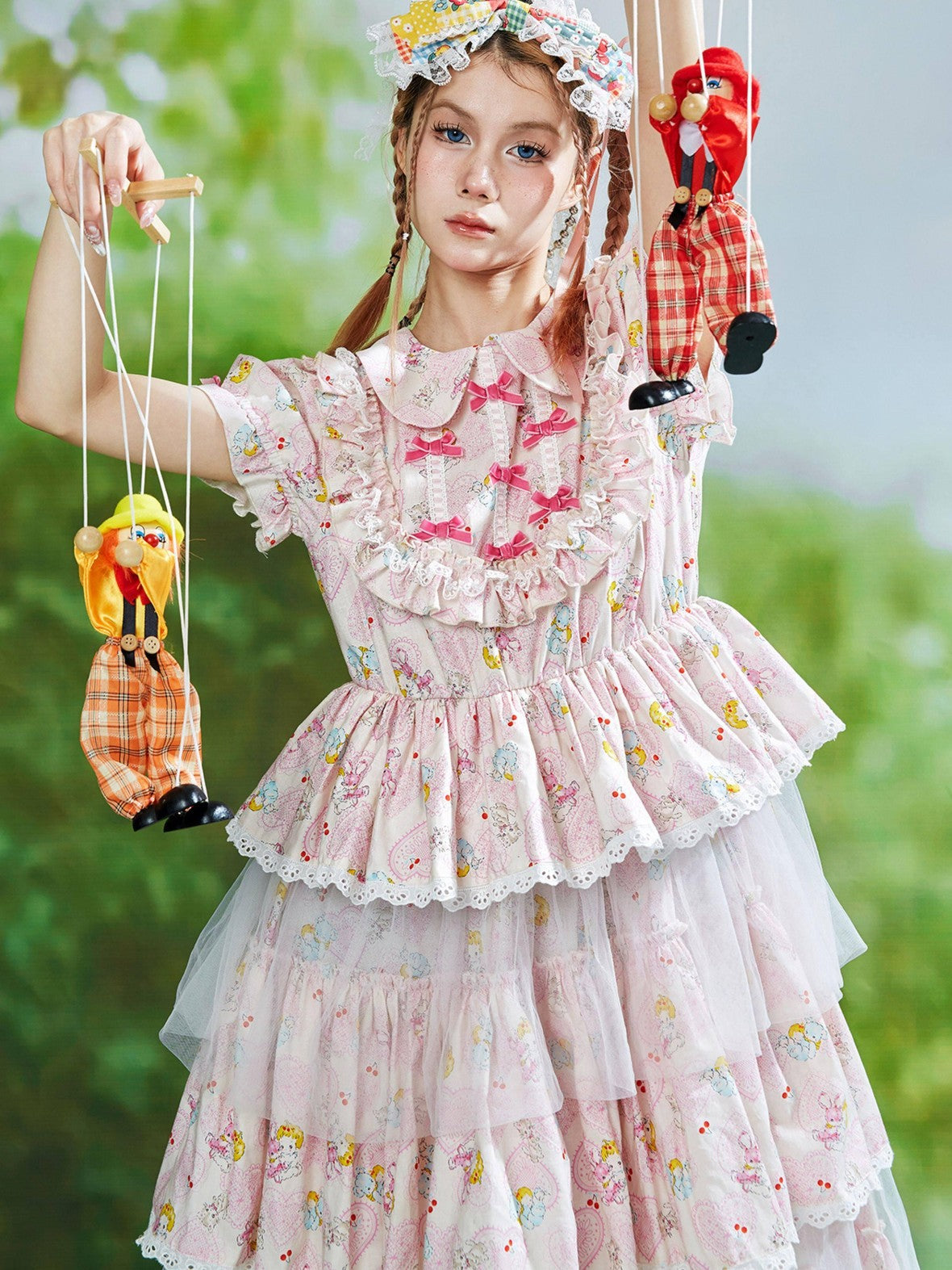SOS MEME CLUB Pink Doll Collar Puff Sleeves Tiered Skirt Women's Short Sleeve Op