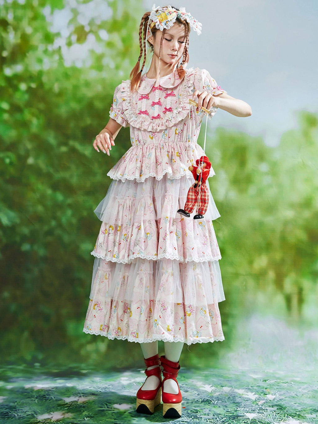 SOS MEME CLUB Pink Doll Collar Puff Sleeves Tiered Skirt Women's Short Sleeve Op