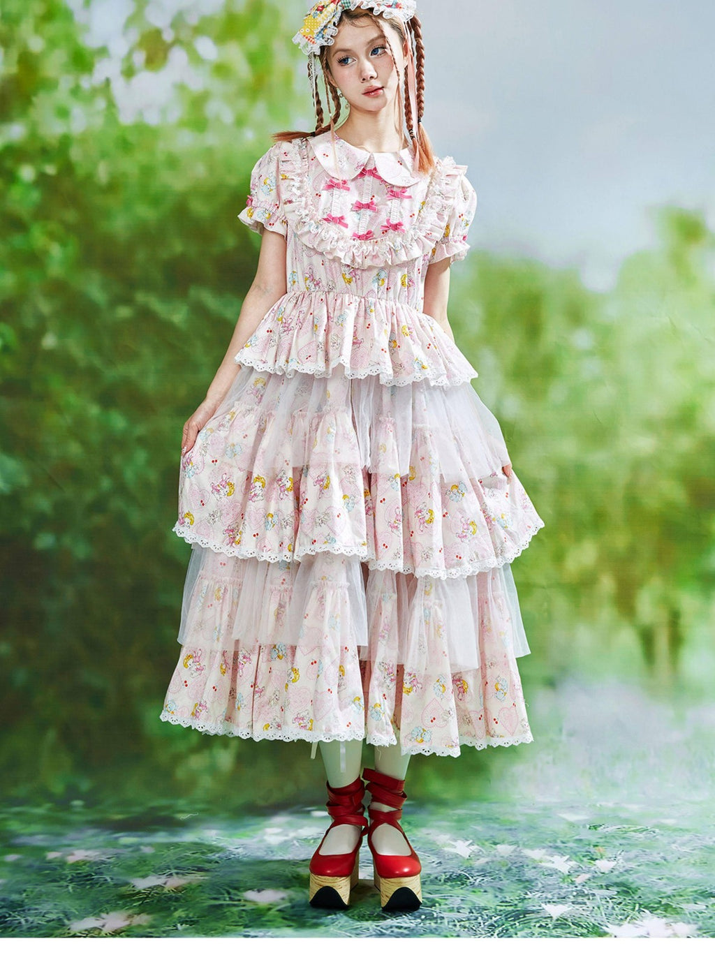 SOS MEME CLUB Pink Doll Collar Puff Sleeves Tiered Skirt Women's Short Sleeve Op