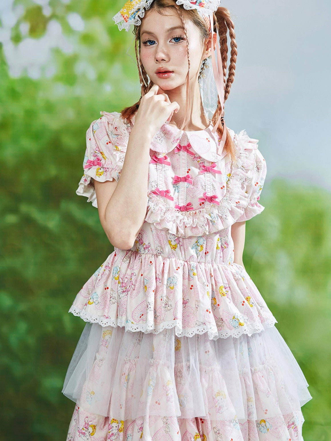 SOS MEME CLUB Pink Doll Collar Puff Sleeves Tiered Skirt Women's Short Sleeve Op