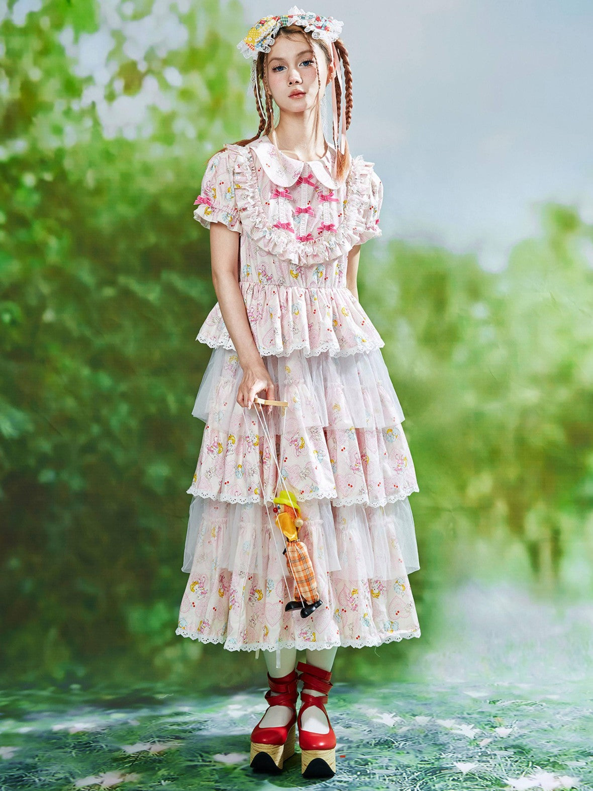 SOS MEME CLUB Pink Doll Collar Puff Sleeves Tiered Skirt Women's Short Sleeve Op