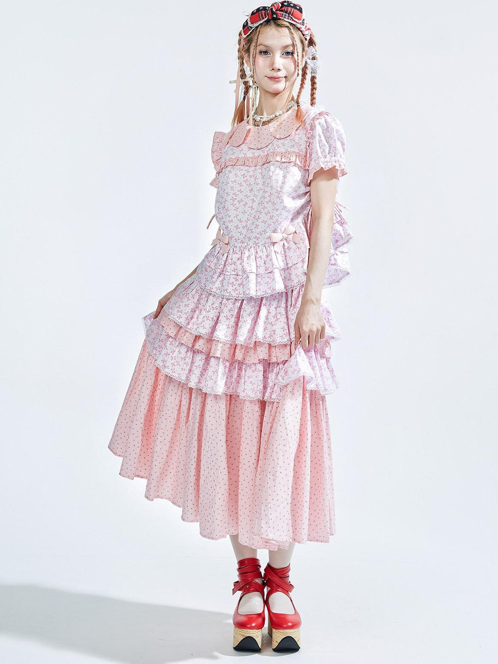 SOS MEME CLUB Pink Floral Doll Collar Bow Puff Sleeve Women's Lace Short Sleeve Blouses