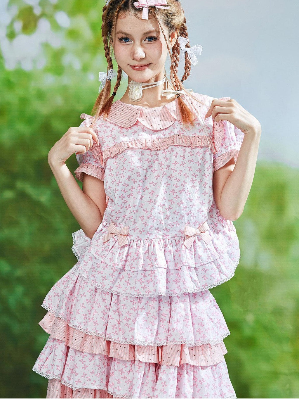 SOS MEME CLUB Pink Floral Doll Collar Bow Puff Sleeve Women's Lace Short Sleeve Blouses