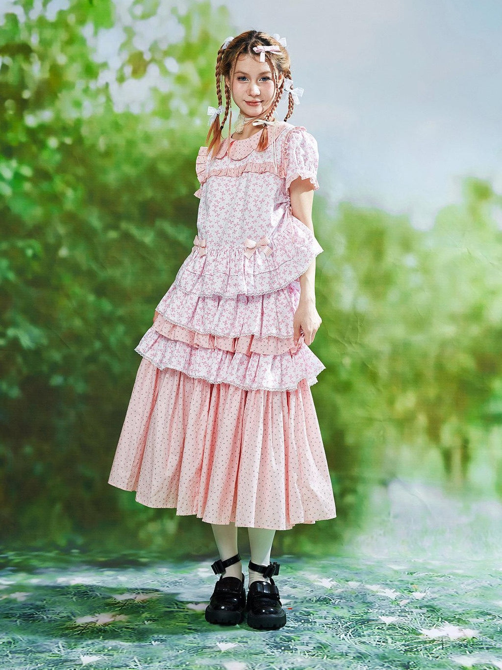 SOS MEME CLUB Pink Floral Doll Collar Bow Puff Sleeve Women's Lace Short Sleeve Blouses