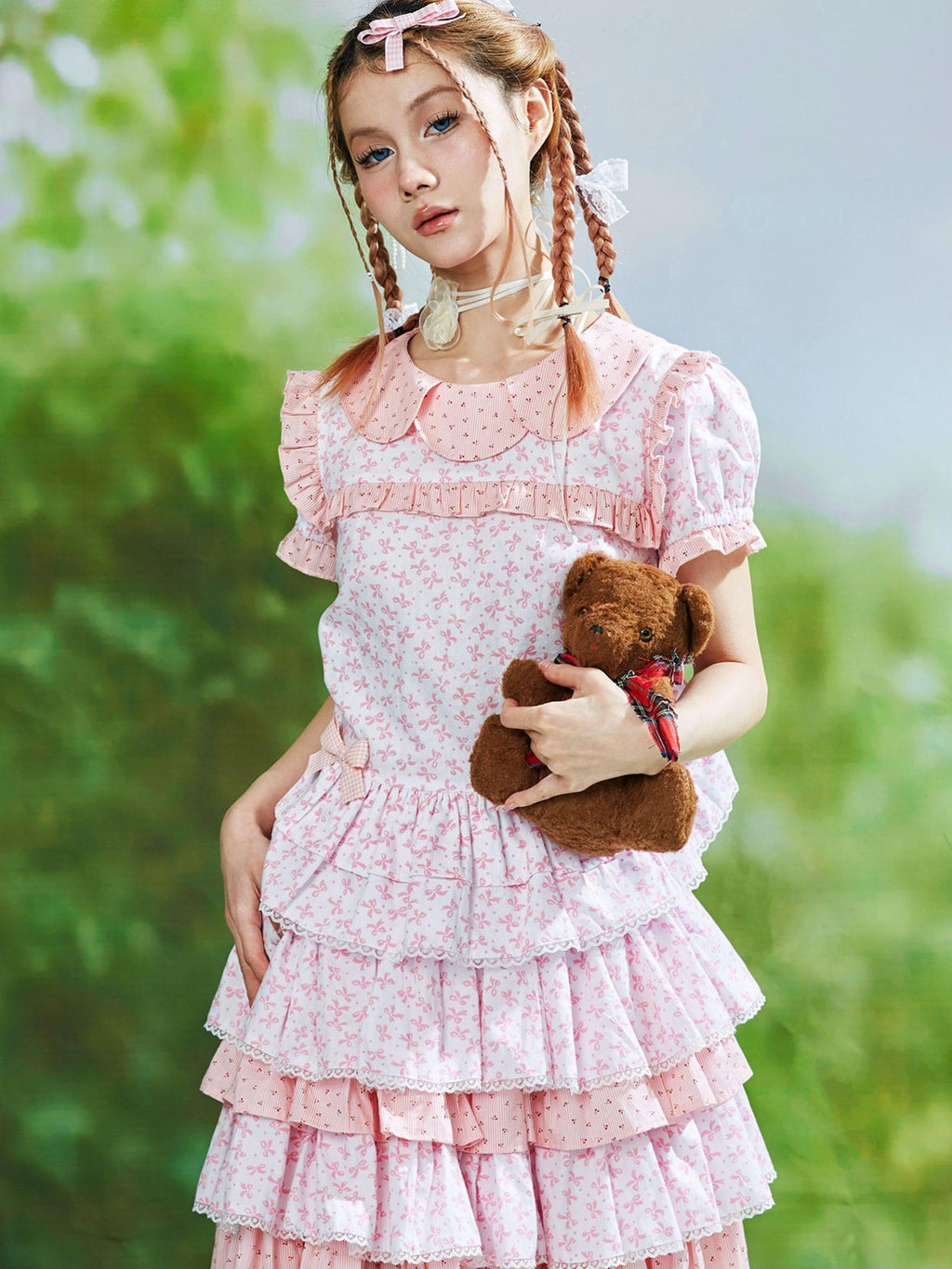 SOS MEME CLUB Pink Floral Doll Collar Bow Puff Sleeve Women's Lace Short Sleeve Blouses