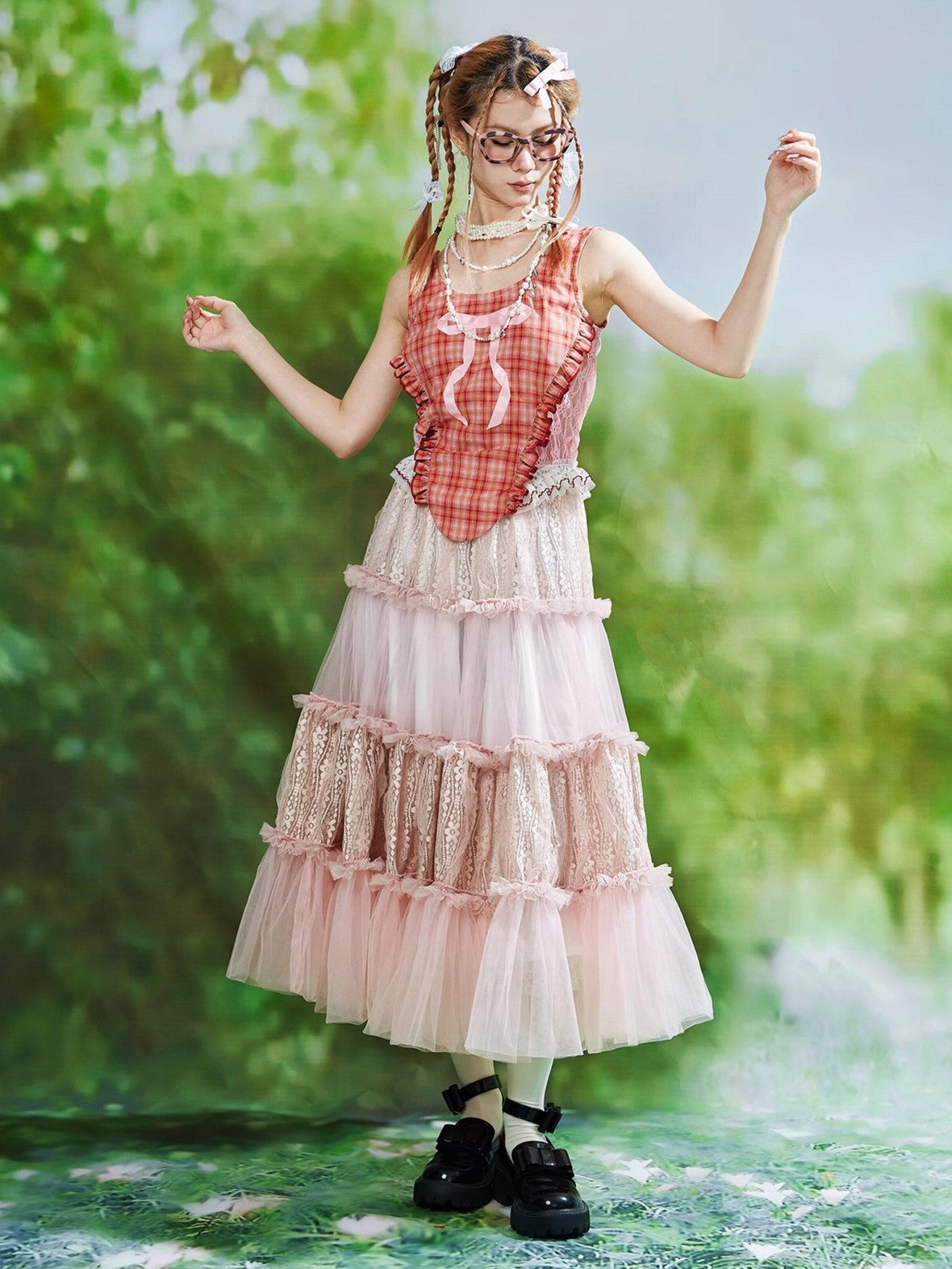 SOS MEME CLUB Pink Floral Ruffle Hem A Line Mid Waist Puffy Women's Tulle Skirts