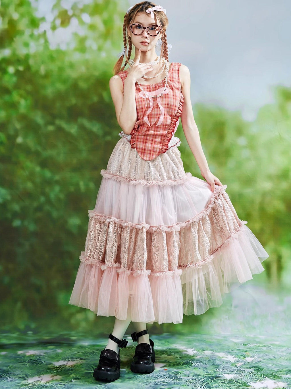 SOS MEME CLUB Pink Floral Ruffle Hem A Line Mid Waist Puffy Women's Tulle Skirts
