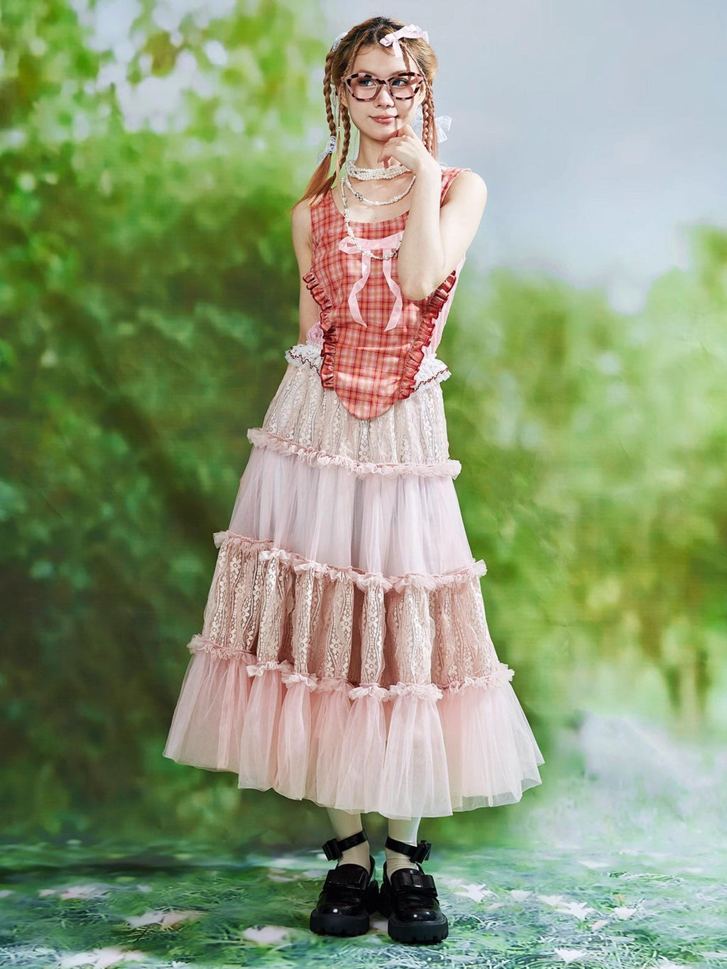 SOS MEME CLUB Pink Floral Ruffle Hem A Line Mid Waist Puffy Women's Tulle Skirts