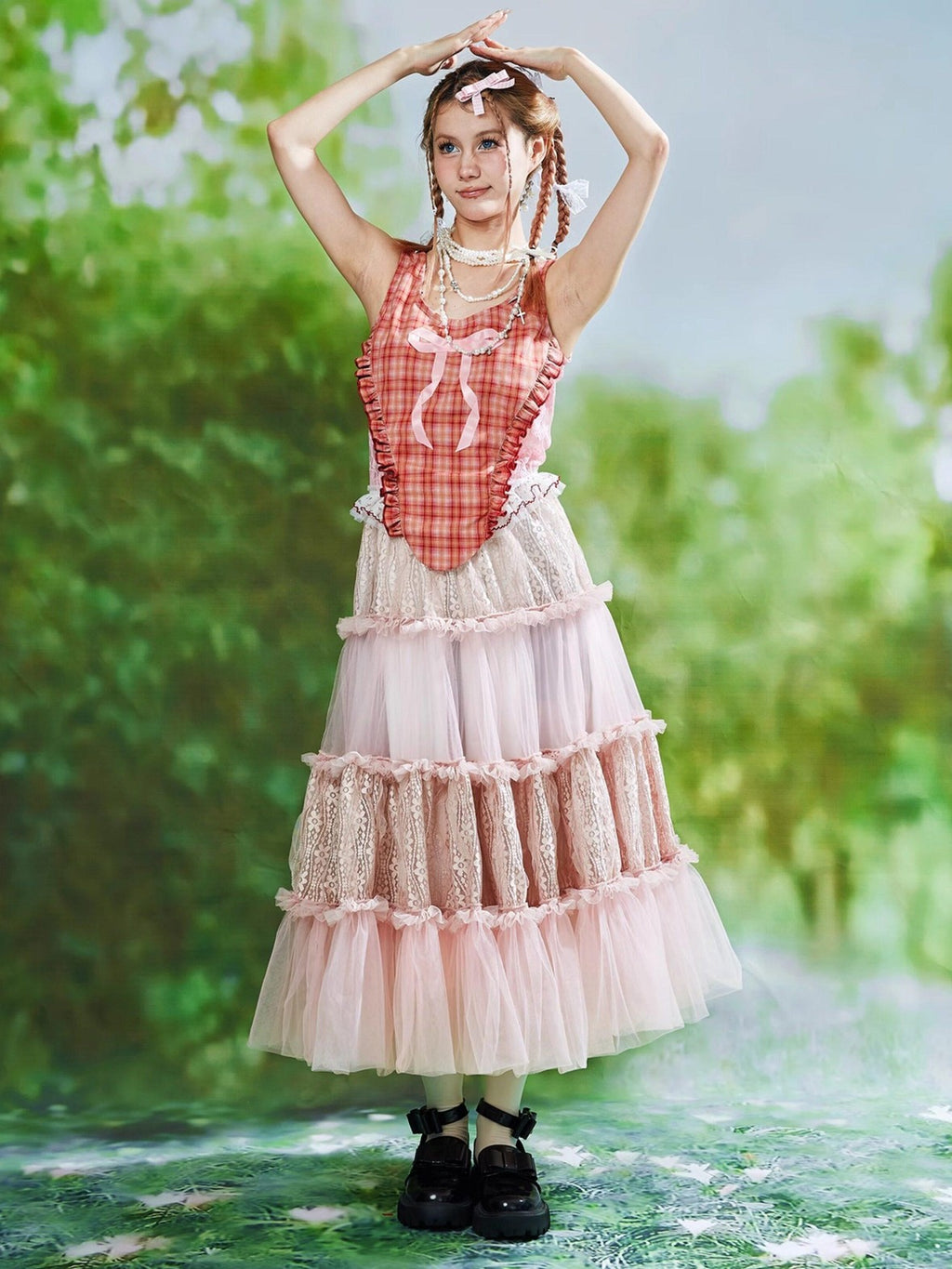 SOS MEME CLUB Pink Floral Ruffle Hem A Line Mid Waist Puffy Women's Tulle Skirts