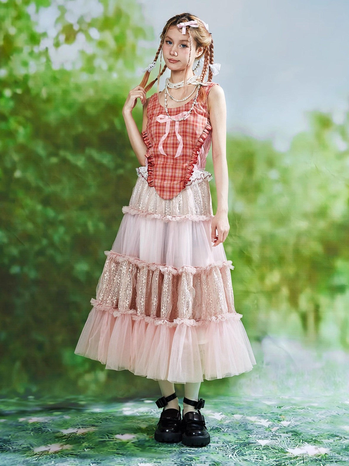 SOS MEME CLUB Pink Floral Ruffle Hem A Line Mid Waist Puffy Women's Tulle Skirts