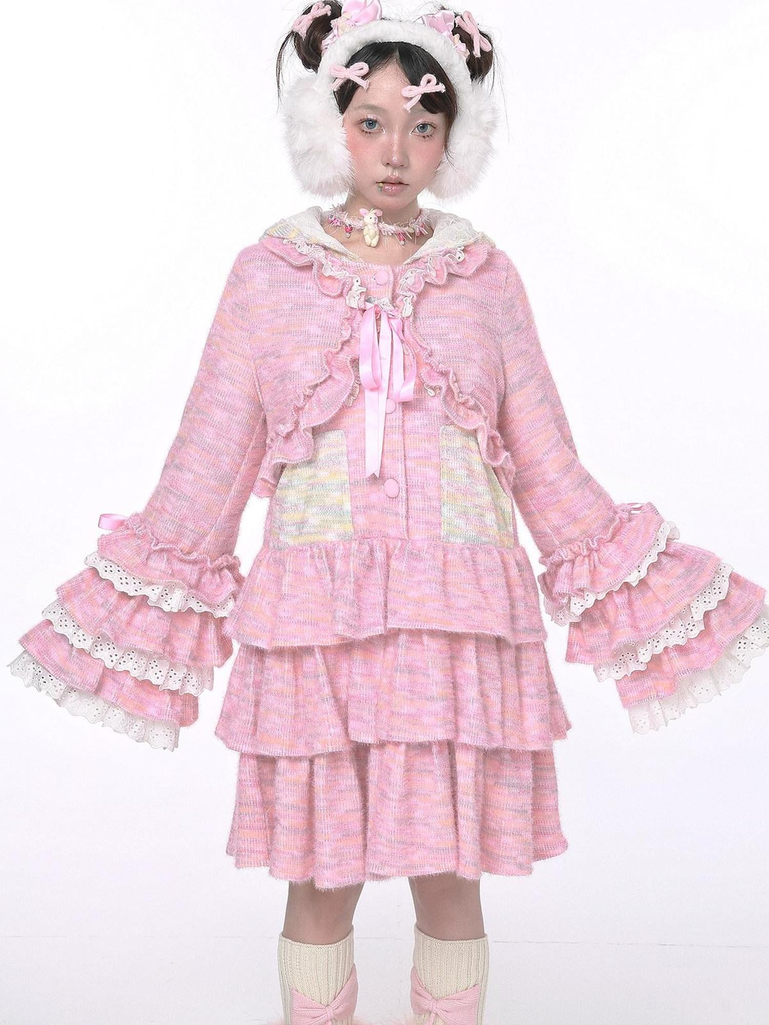 SOS MEME CLUB Pink Lolita Tie Front Ruffle Sleeves Cropped Knitted Women's Boleros