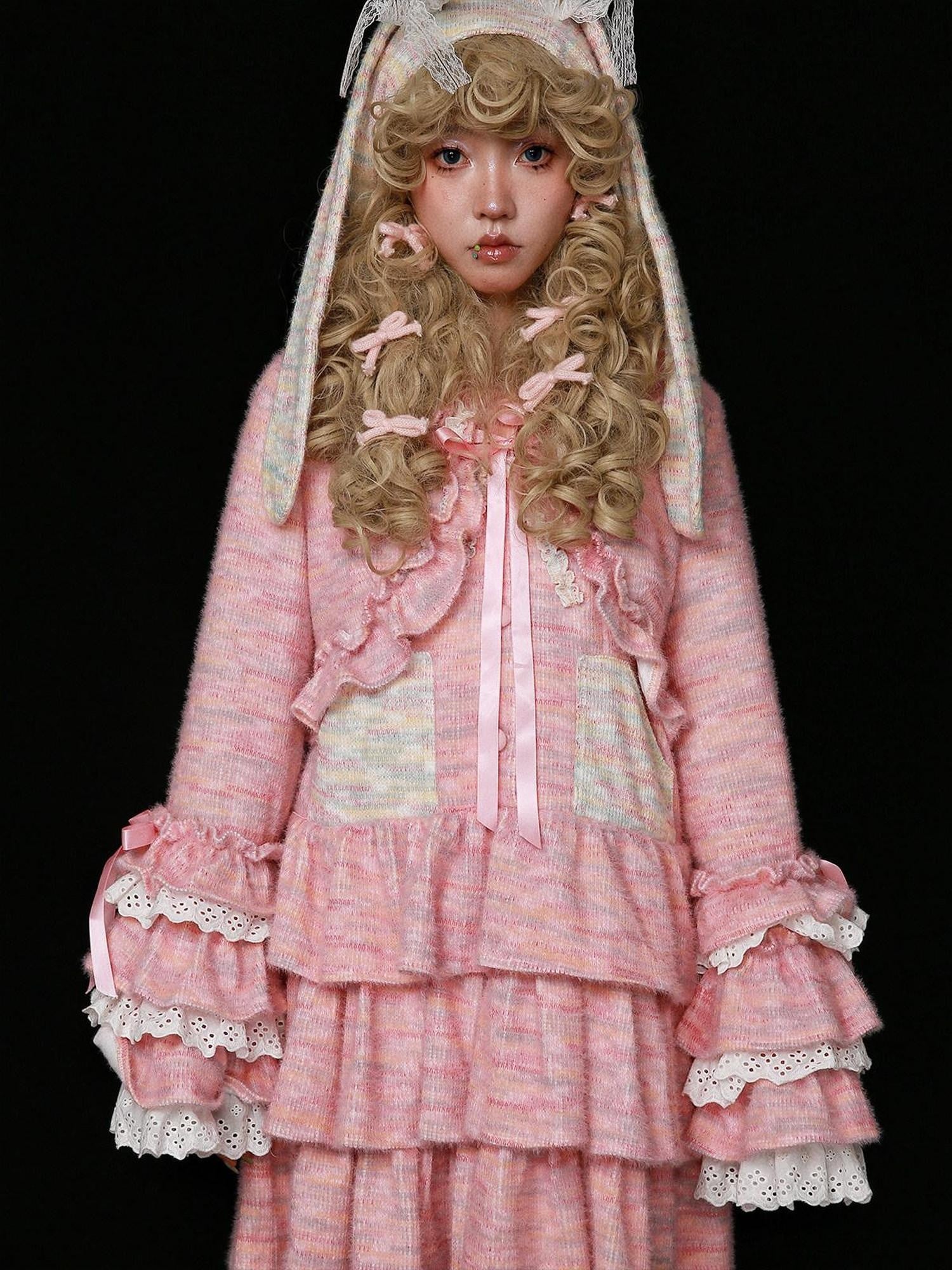 SOS MEME CLUB Pink Lolita Tie Front Ruffle Sleeves Cropped Knitted Women's Boleros