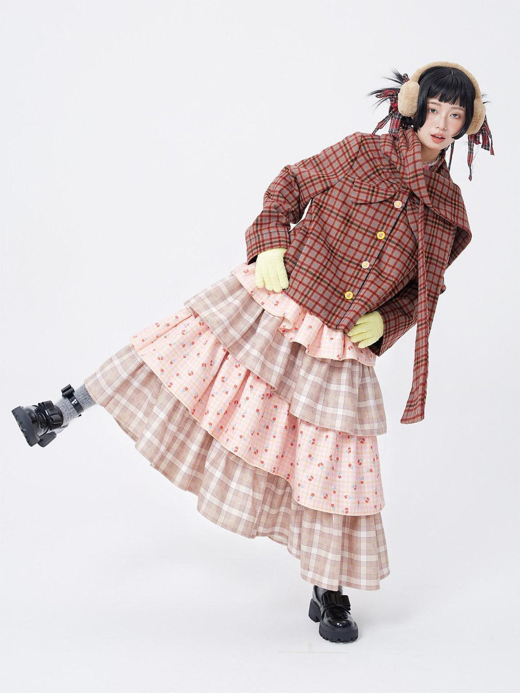 SOS MEME CLUB Pink Patchwork Tiered Cute Women's Polyester Mid Waist Loose Skirts