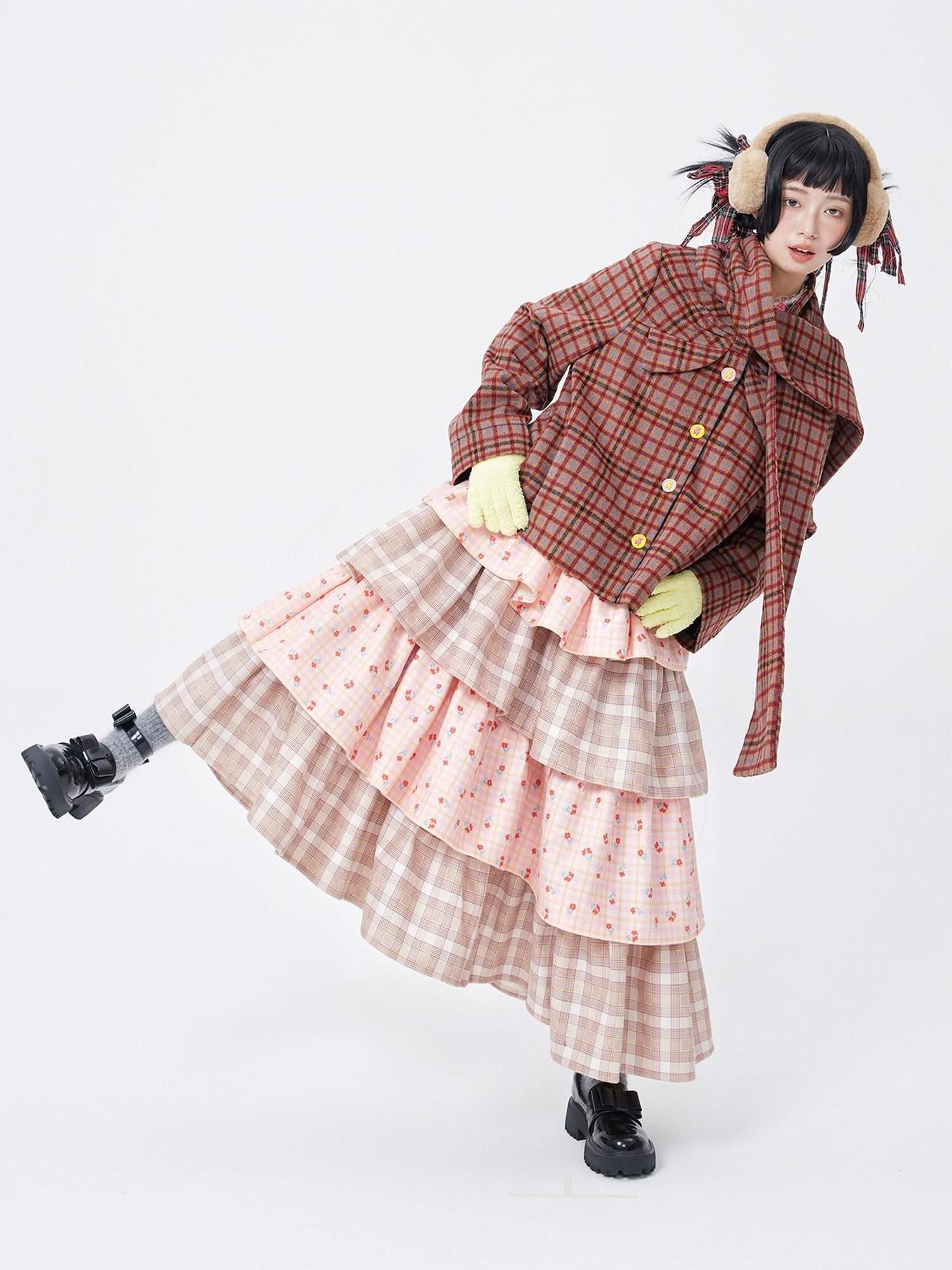 SOS MEME CLUB Pink Patchwork Tiered Cute Women's Polyester Mid Waist Loose Skirts