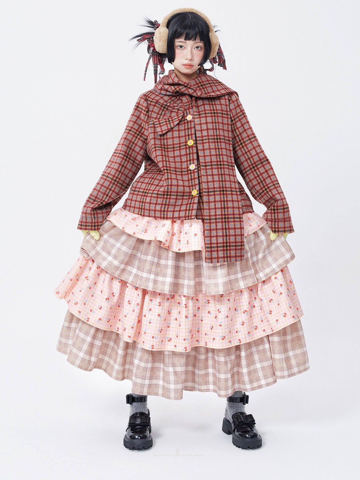 SOS MEME CLUB Pink Patchwork Tiered Cute Women's Polyester Mid Waist Loose Skirts